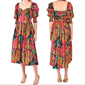 House of Harlow 1960 Tropical Print Midi Dress with Puff Sleeves
